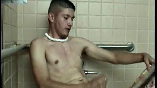 Straight boy Ethan needs to relieve the pressure. So, he goes into a public toilet to jack off.