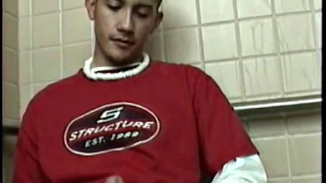 Straight boy Ethan needs to relieve the pressure. So, he goes into a public toilet to jack off.