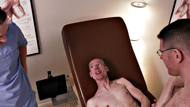 Petite gay barebacked during ultrasound in 3way at doctor