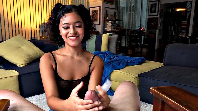 Teasing 21yo femdom with small boobs wanks oiled cock in POV