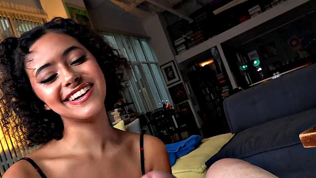 Teasing 21yo femdom with small boobs wanks oiled cock in POV