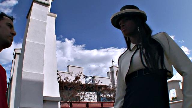 Busty black babe in stockings fucking bf as a couple