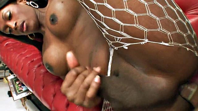 Busty black babe in stockings fucking bf as a couple