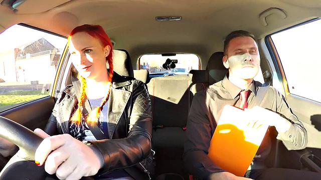 Redhead Examiner fingers her hairy pussy while instructing in car POV