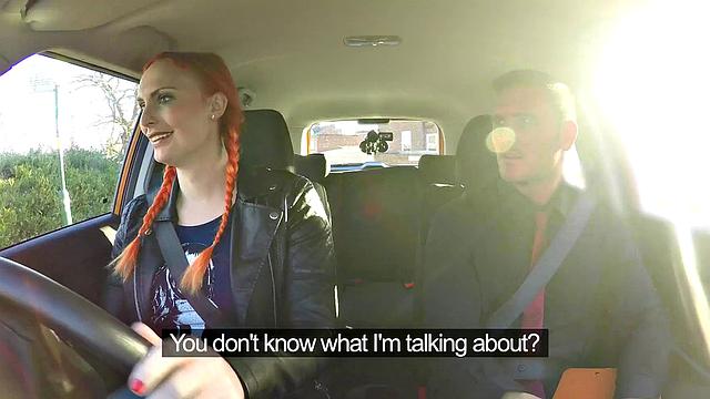Redhead Examiner fingers her hairy pussy while instructing in car POV