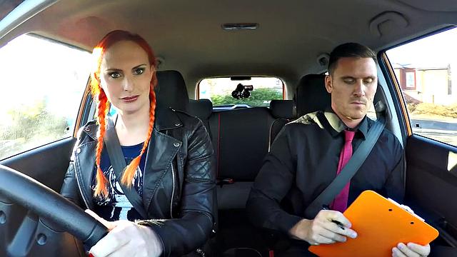 Redhead Examiner fingers her hairy pussy while instructing in car POV