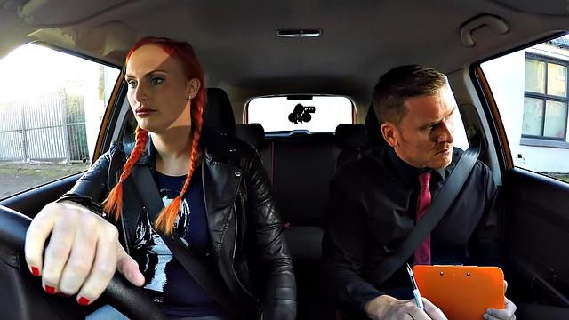 Redhead Examiner fingers her hairy pussy while instructing in car POV