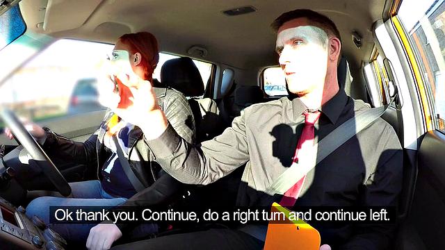 Redhead Examiner fingers her hairy pussy while instructing in car POV