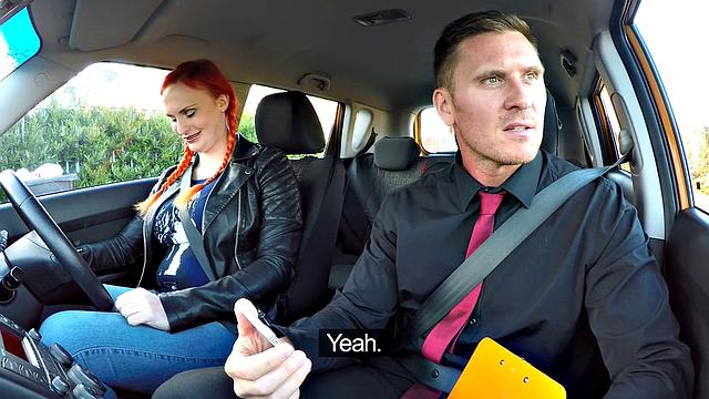 Redhead Examiner fingers her hairy pussy while instructing in car POV