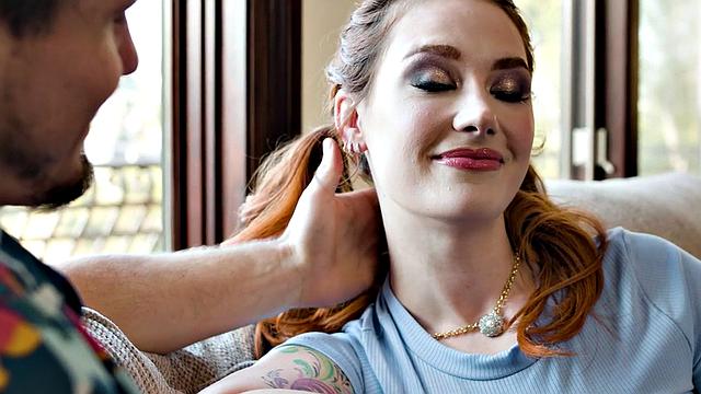 Inked Redhead playing with vibrator during pussybanging