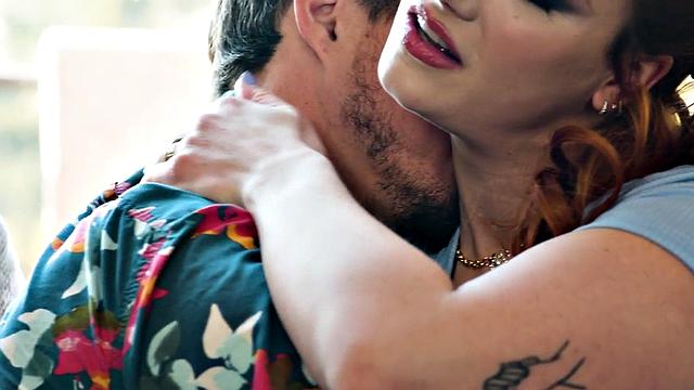 Inked Redhead playing with vibrator during pussybanging