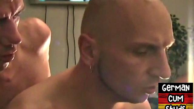Cum-loving German stud eats cum after bareback anal trio