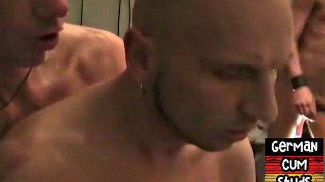 Cum-loving German stud eats cum after bareback anal trio