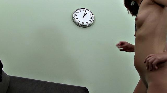 Petite redhead swallows every inch of cock like a pro in sexy skirt and heels