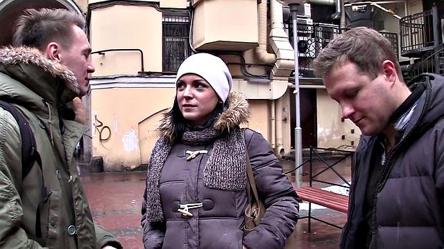 Adorable brunette babe gets nailed in threesome