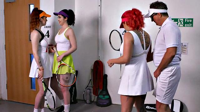 British MILF dominates & wanks group of guys in tennis game with CFNM femdom handjob