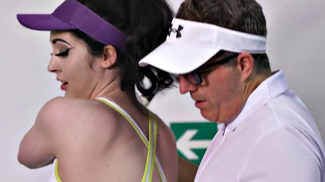 British MILF dominates & wanks group of guys in tennis game with CFNM femdom handjob