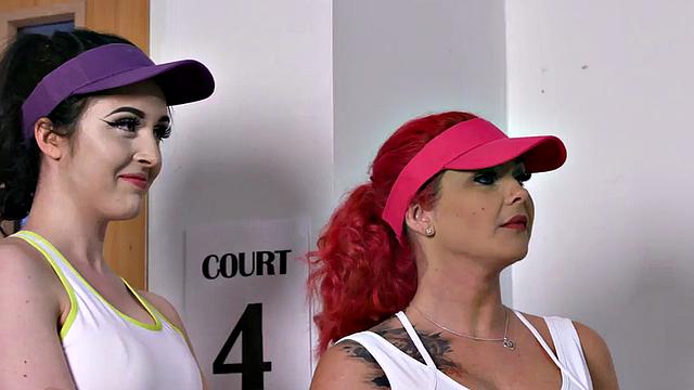 British MILF dominates & wanks group of guys in tennis game with CFNM femdom handjob