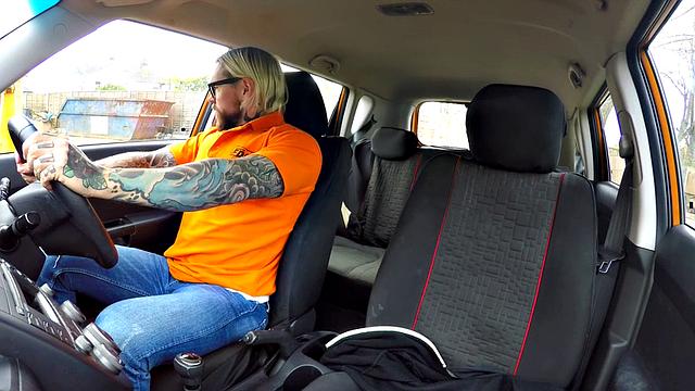 British blonde bombshell with glasses deepthroats and gets banged by driving tutor in POV