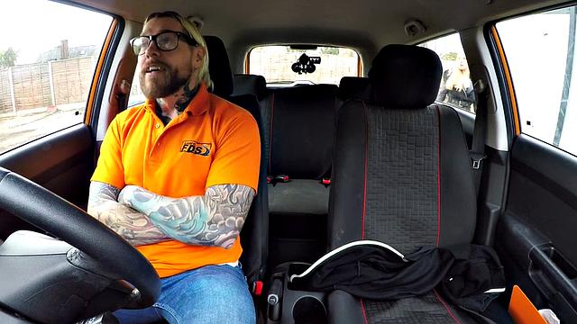 British blonde bombshell with glasses deepthroats and gets banged by driving tutor in POV