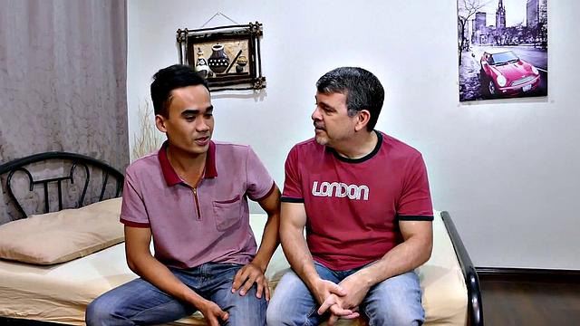 Asslicked Asian twink barebacks older in doggystyle