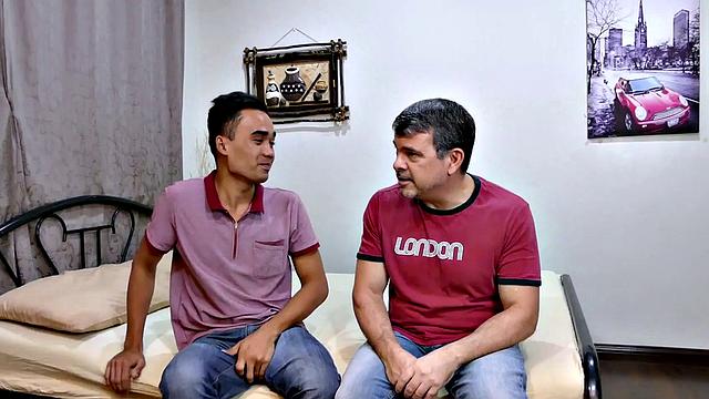 Asslicked Asian twink barebacks older in doggystyle