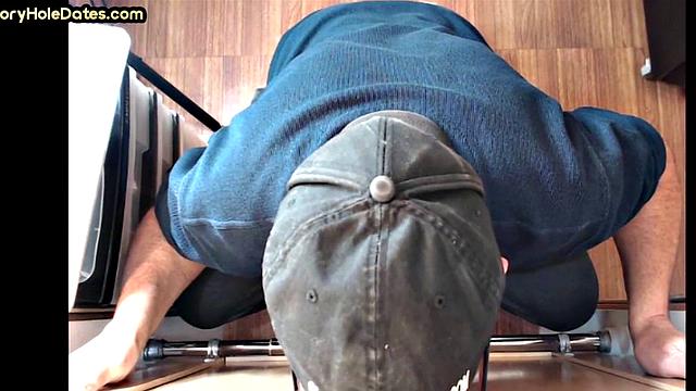 Gloryhole DILF with glasses sucks BFs cock at home