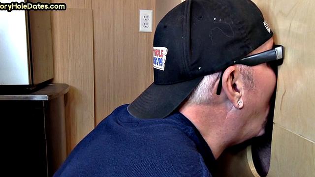 Gloryhole DILF with glasses sucks BFs cock at home