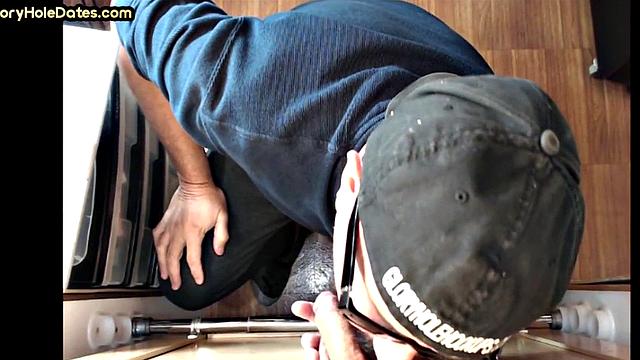 Gloryhole DILF with glasses sucks BFs cock at home