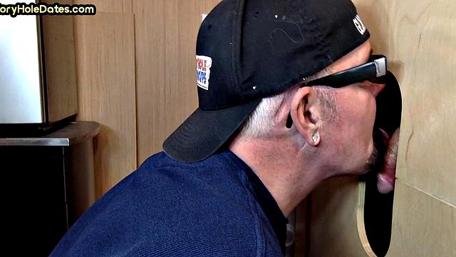 Gloryhole DILF with glasses sucks BFs cock at home