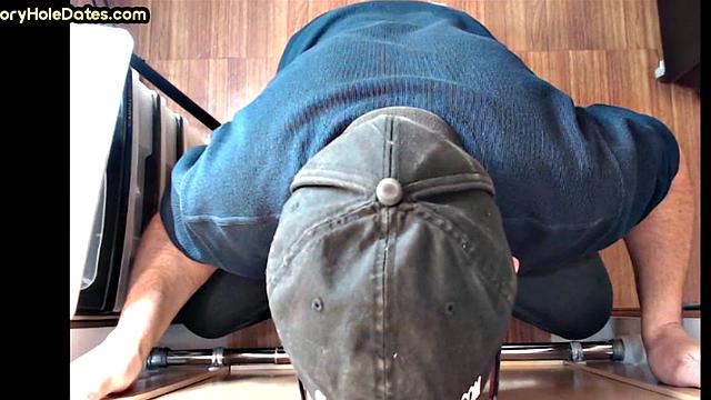 Gloryhole DILF with glasses sucks BFs cock at home