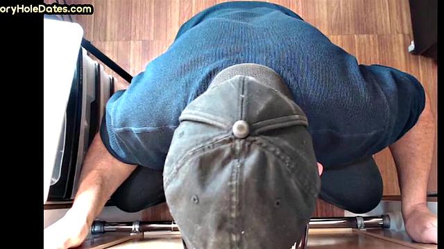 Gloryhole DILF with glasses sucks BFs cock at home