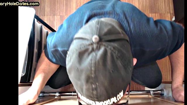 Gloryhole DILF with glasses sucks BFs cock at home