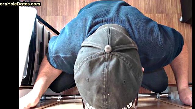 Gloryhole DILF with glasses sucks BFs cock at home