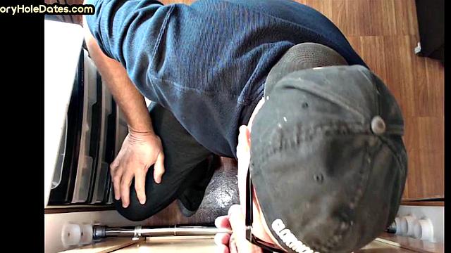 Gloryhole DILF with glasses sucks BFs cock at home