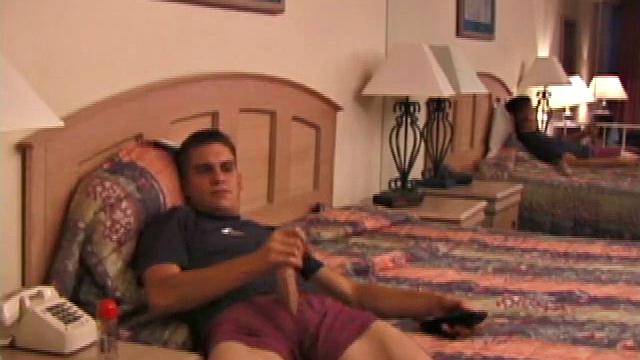 Rick releases his over-sized dick from his jeans. Then he stands in front of a mirror and lubes up. With jeans around his ankles, Rick pulls off the shirt, confirming he's still working out.