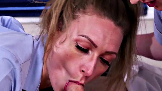 British CFNM nurses dominate and pleasure patient's dick with ball licking, dildo play, and handjobs