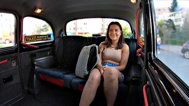 Shy student with brown hair seduces and fucks in taxi