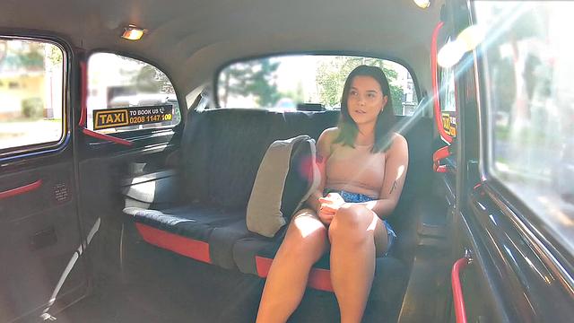Shy student with brown hair seduces and fucks in taxi