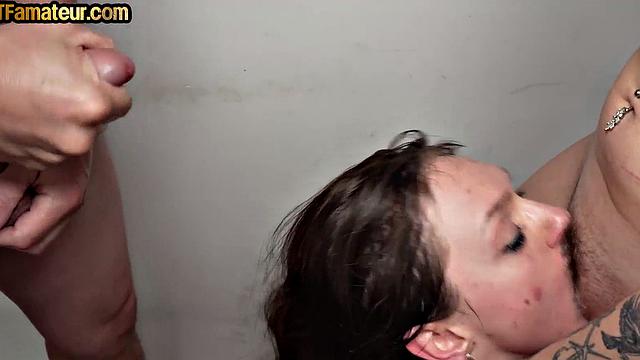 Amateur inked slut sucks and licks in group