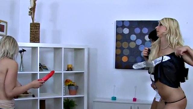 Pegging femdom babes fuck guy's ass in group dildo action