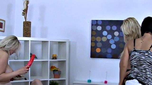 Pegging femdom babes fuck guy's ass in group dildo action