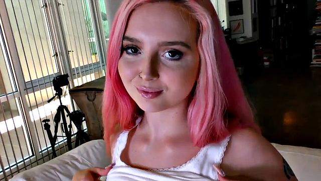 21yo pink hair GF with tattoos wanks cock in POV