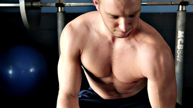 Shaved muscled solo newbie masturbating in his room