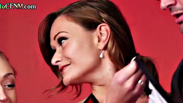 CFNM cheerleaders throating tied man and teasing him