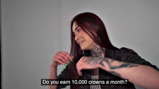 Inked eurobabe banged from behind for cash after blowjob
