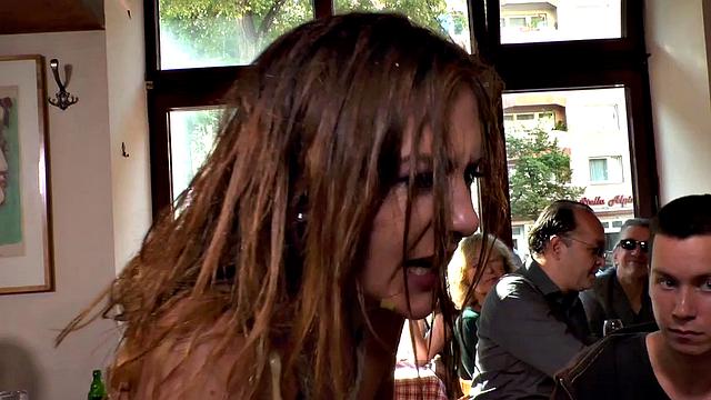 Kinky tattooed slut in bondage sucks and fucks in public eatery