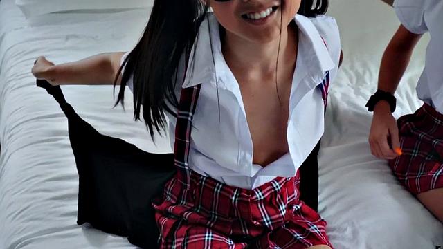 Asian college cutie shares nerdy Asian with her BF during wild threesome