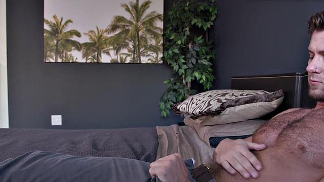 Hairy amateur hunk sprays cum after stroking in solo