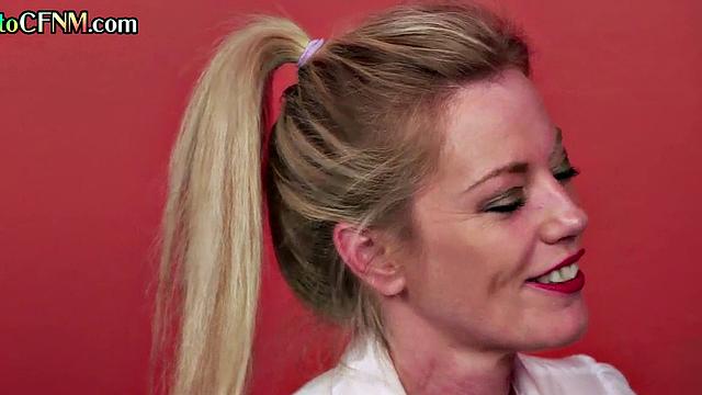 Mature CFNM lady teaching cutie how to cocksuck